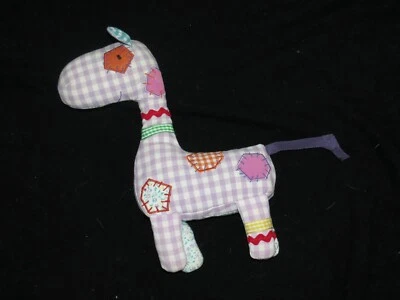 Mamas And Papas Giraffe Purple Gingham Patches Blue Floral Rattle Baby Toy 10" - Image 1 of 3