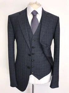 REISS - TRAJE DE LANA A CUADROS AZUL 3 PIEZAS AJUSTADO PARA HOMBRE - 38 Reg - W32 L32 - HERMOSO - Imagen 1 de 16