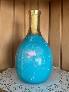Vintage Unique Turquoise & Gold Crackle Ceramic Vase Pink Drip Accents Flower Va - Picture 1 of 16