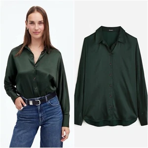 Madewell Top Relaxed Dolman Button-Up Shirt in Satin Luxury Forest Sz L NWT New - Picture 1 of 11