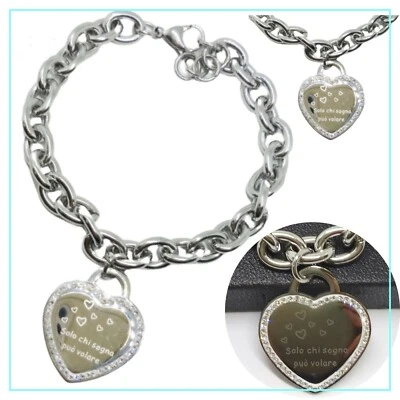 Bracciale da donna in acciaio catena con ciondolo cuore strass dedica amicizia - Immagine 1 di 4