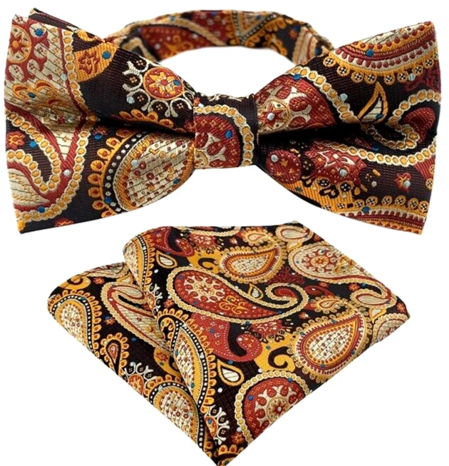 Mens Pre-Tied adjustable Bow Tie Paisley Orange Black Bowtie Hanky Wedding Party - Image 1 of 1