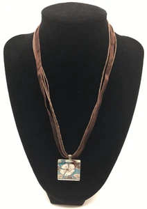Cord & Ribbon Necklace 19" Glass/Acrylic Floral Tile Lobster Claw Clasp Jewelry - Picture 1 of 11