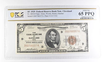 1929 $5 Cleveland OH Federal Reserve Bank Fr#1850-D Gem Unc 65 PPQ PCGS *2535 - Image 1 of 3
