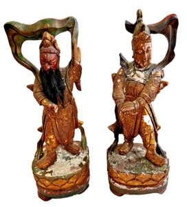 Par de estatua de dios de madera tallada antigua china Guan Gong Yu Yunchang Wei Tuo de 19"" - Imagen 1 de 14