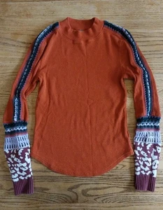 Free People Switch It Up Thermal Top Orange Crochet Sleeve Waffle Boho Womens M - Picture 1 of 6
