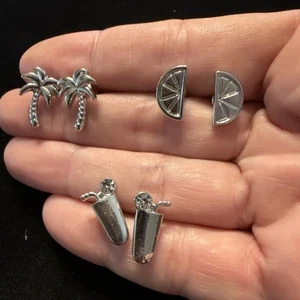 Cocktail Earrings 3 Sets Lime Cocktail Palm Tree Silvertone Studs (Lot# 353) - Picture 1 of 2