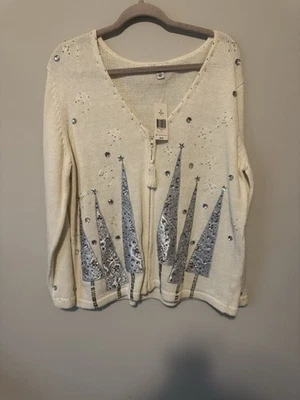 Suéter Kim Rogers Crema Cremallera Árbol de Navidad Copo de Nieve 1X Bling Plateado Nuevo con Etiquetas Foto 1 de 4