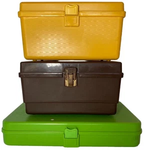 3 Wilson Wil Hold Sewing Boxes Green Brown Yellow Plastic 2 Small 1 Flat 134 - Picture 1 of 24