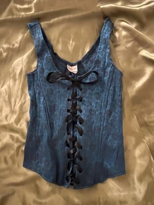 Y2K Fredericks’s of Hollywood XS Corsé Bustier Top Azul Negro Encaje FOH jacquard Foto 1 de 4