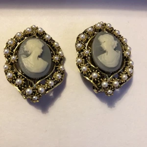 VINTAGE COUTURE BLAUE KAMEE ANTIK STIL SILBER STATEMENT CLIP AUF OHRRINGE - Bild 1 von 5