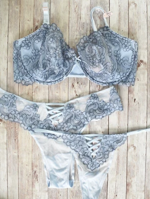 Victoria's Secret 38DD/L/L *DREAM ANGELS* WICKED BOHO FLORAL BRA SET Faded Denim - Image 1 of 4