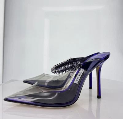 A-73 $1095 Jimmy Choo Purple Bing 100 Mules Sz 37.5 - Image 1 of 4