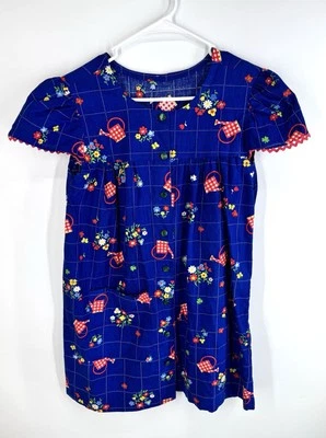 Blusa Top Floral Vintage Hecha a Mano Niñas Azul Floral Jardín Botones Mangas Gorra Foto 1 de 4