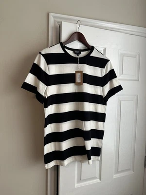 A.P.C. Camisa masculina pequena listrada preta branca Archibald Lizz noir algodão novas etiquetas - Imagem 1 de 4