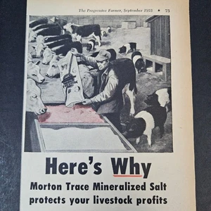 1953 Morton Free Choice Spurenmineralisiertes Salz für Vieh Vintage Druckanzeige - Bild 1 von 5