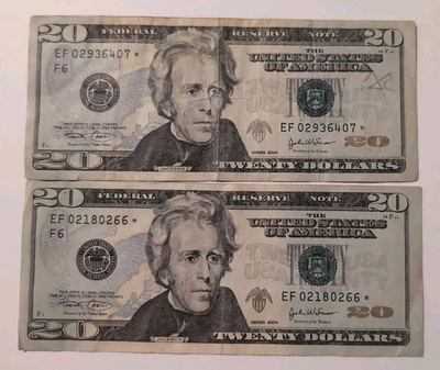 Pair of 2004 Series $20 STAR NOTE Bills (Good Shape) — 20 Years Old - Image 1 of 3