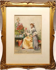 JOHN WATKINS - SIGNED ORIGINAL ANTIQUE VICTORIAN WATERCOLOUR - LADY WITH FLOWERS - Picture 1 of 24