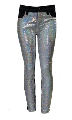 NEW BEBE Sequin Black Silver Skinny Jeans Leggings Size 29 - Image 1 of 4
