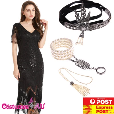 Deluxe Ladies 20s 1920s Roaring Flapper Costume Sequin Gatsby Black Fancy Dress - Image 1 of 4