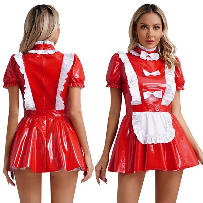 Mujeres PVC Cuero Mucama Disfraz Volantes Borde Mini Vestido Anime Delantal Trajes Elegante Foto 1 de 3