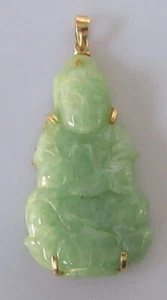 Gold Jade Charm - Vintage 14ct Yellow Gold Natural Jade Buddha Pendant - Picture 1 of 12