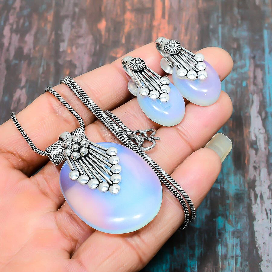 Milky Opal Gemstone Handmade Necklace+Earring Jewelry Set J827 - Изображение 1 из 4