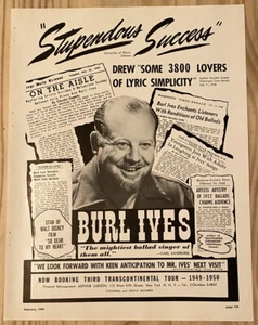 Anuncio impreso de reserva Burl Ives auténtico vintage 1949 Columbia y Decca Records - Imagen 1 de 2