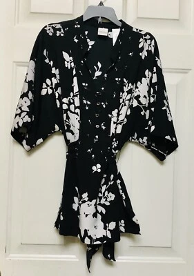 EMMA JAMES MUJER TOP TALLA 16 TÚNICA FLORAL NEGRO/BLANCO CORBATA CINTURA WGps2 Foto 1 de 4