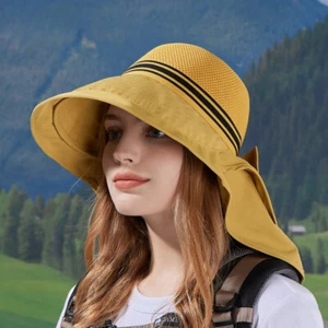 Cappello donna casual tesa larga sole pesca estivo berretto esterno fiocco protezione collo - Foto 1 di 17