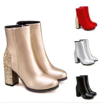 Sexy Mujeres Lentejuelas Punk Punta Redonda Tobillo Botas de Montar Tacones Altos Zapatos de Fiesta Foto 1 de 4