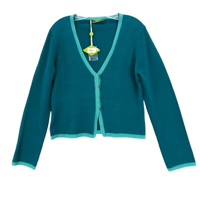 NUEVO CON ETIQUETAS OILILY Cárdigan Verde Azulado Lana Seda Tejido Crochet Contraste Talla GRANDE Foto 1 de 4