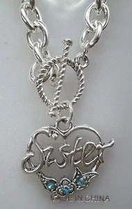 SISTER Script in Heart 7" Charm Bracelet With 3 Stones, Silver Plated NEW - Bild 1 von 2