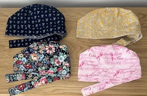 4 Elastic with Tie Scrub Caps Floral, Breast Cancer, Blue, Yellow - Picture 1 of 3