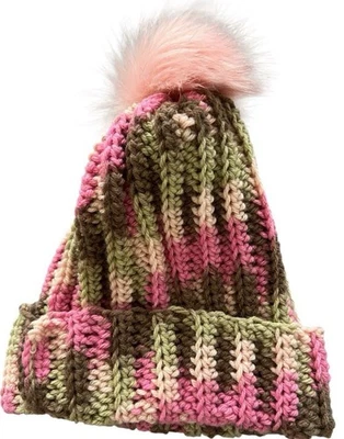 Crochet Ribbed Beanie With Faux Fur Pom Pom - Adult Size! Pink Camo - Image 1 of 3