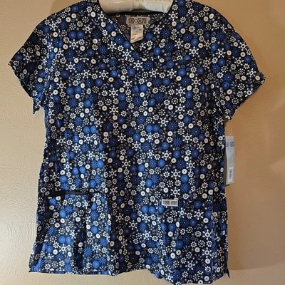 Cherokee Body Stretch Scrub Top Women's Large Blue Dots Flowers Easy Care NWT - Image 1 of 4