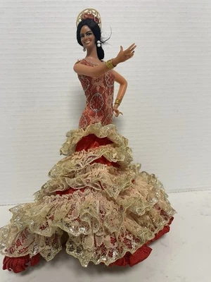 Vtg Spanish Marin Chiclana Flamenco Dancer Doll 10” Inch On Stand-Red & Gold - Image 1 of 4