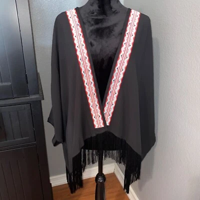 Cato Kimono Size 26/28 Boho Black  Embroidered Fringe Hippie Gypsy  Open Front - Image 1 of 4