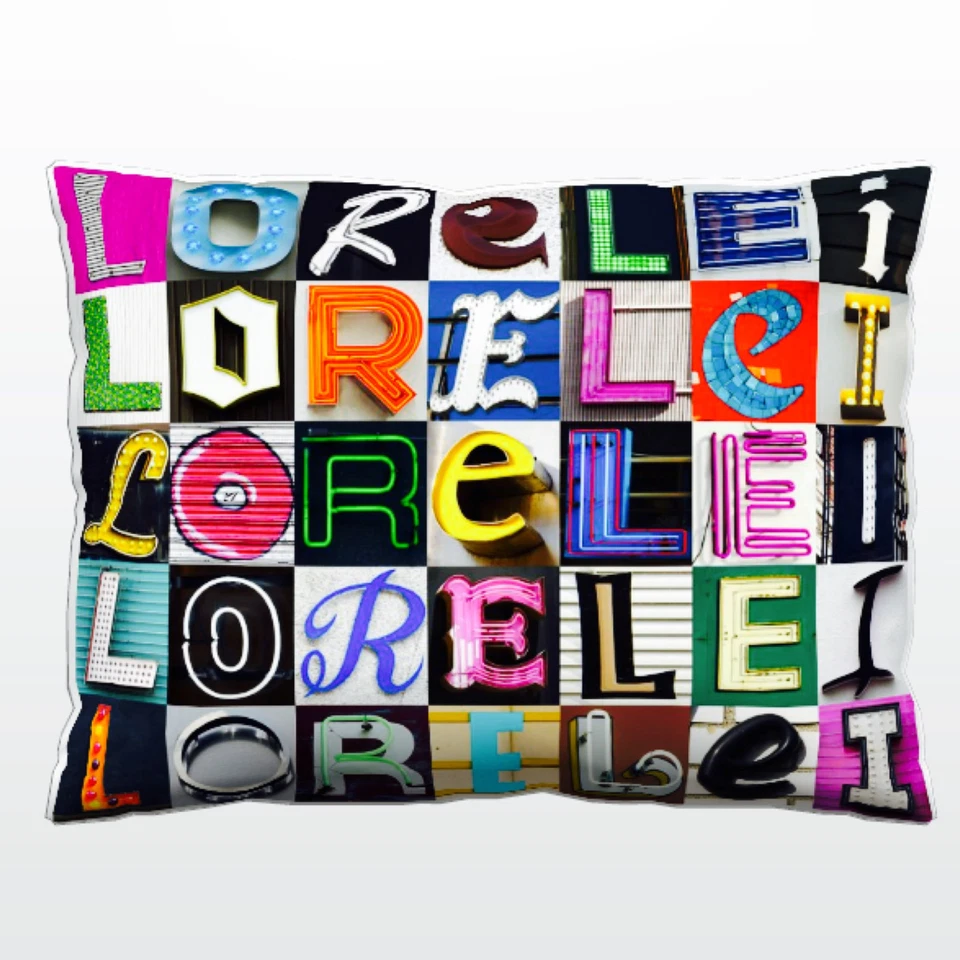 Personalized Pillow featuring the name LORELEI in photos of actual sign letters - Image 1 of 1