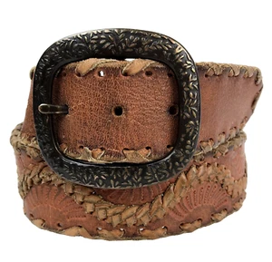 VTG Hand Tooled Belt SZ 36-38 Embossed Braided Brown Leather Western Hippie 70's - Picture 1 of 6