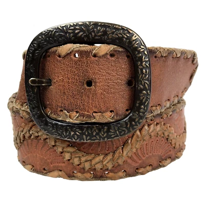 Cinturón de Colección Trabajado a Mano Talla 36-38 Cuero Marrón Trenzado en Relieve Western Hippie Años 70 Foto 1 de 4