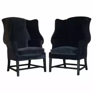 PAIR OF VINTAGE BLACK VELVET UPHOLSTERED GEORGE HEPPLEWHITE WINGBACK ARMCHAIRS - Picture 1 of 12