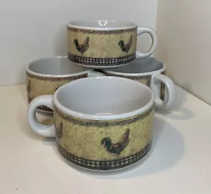 4 Ct. Stoneware Rooster/Chicken Soup Bowl Mug Cup w/Handle Checkered Border - Picture 1 of 7