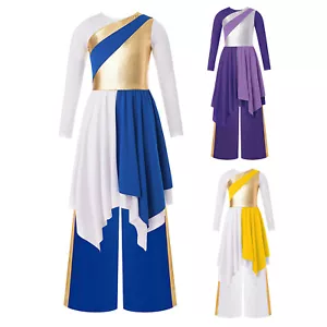 Girls Long Sleeve Irregular Praise Dance Dress Wide Pants Liturgical Dancewear - Picture 1 of 45