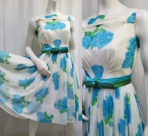 Vintage 1950s JR THEME Blue Floral Chiffon Full Skirt Dress - Size S - Picture 1 of 17