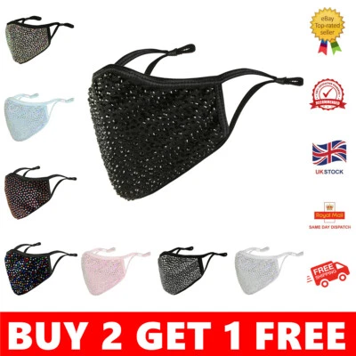 HANDMADE Adjustable washable reusable sequin glitter diamante crystal face covering mask
