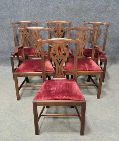 Set Of 6 HENKEL HARRIS Mahogany Dining Room Chairs Model 101 Red Velvet Fabric Cover