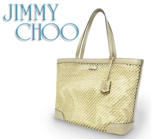 JIMMY CHOO Beige Straw Leather Tote Shoulder Bag Large with Clochette & Pouch - Picture 1 of 10