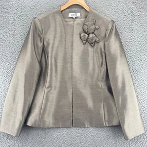 Kasper Blazer Womens 14 Taupe Shimmer Rose Decal Open Front Formal Event Work - Picture 1 of 11