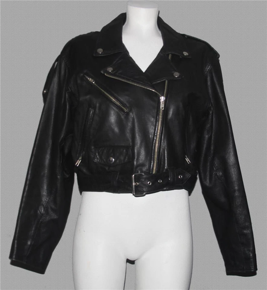 VTG Tannery West Black Leather Motorcycle Cropped 4-Pkt Belted Jacket Wm's M - Image 1 of 1